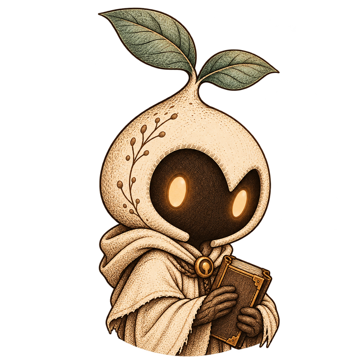 The sprout-hooded Keeper with a book.