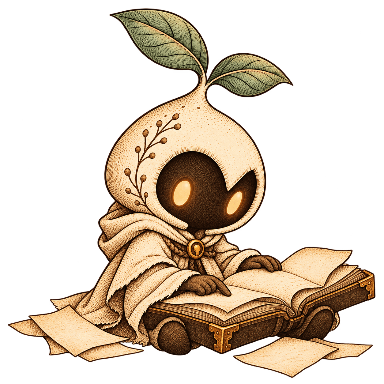 The fictional sprout-hooded Keeper reading an open book.